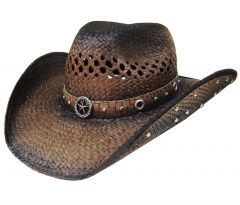 Modestone Straw Breezer Cowboy Hat Leather-Like Appliques Brown