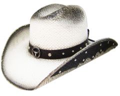 Modestone Straw Cowboy Hat Leather-Like Appliques Grey