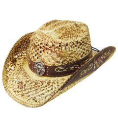 Modestone Straw Cowboy Hat Leather-Like Appliques Beige