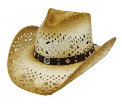 Modestone Men's Sheriff Star Concho Straw Cowboy Hat Tan Brown
