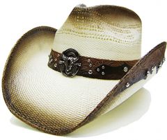 Modestone Men's Straw Cowboy Hat Bull Head Brown & Beige