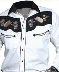 Modestone Men's Long Sleeve Western Shirt Filigree Cowboy Hats Embroidered White