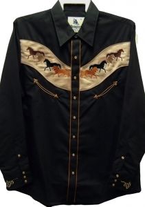 Modestone Men's Embroidered Long Sleeved Shirt 8 Horses "Super Suede" Black