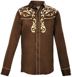 Modestone Men's Embroidered Filigree Long Sleeved Fitted Western Shirt Brown