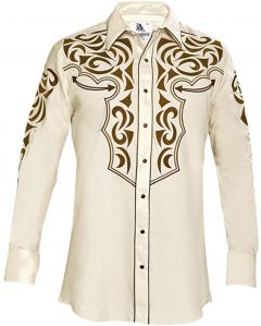 Modestone Men's Embroidered Filigree Long Sleeved Fitted Western Shirt Beige