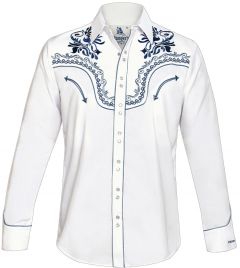 Modestone Men's Embroidered Filigree Long Sleeved Fitted Western Shirt White