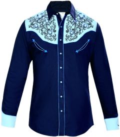 Modestone Men's Embroidered Horseshoe Filigree Fitted Western Shirt Blue