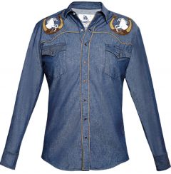 Modestone Men's Embroidered Horse Horseshoe Fitted Western Shirt Blue Denim