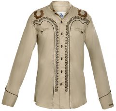 Modestone Men's Embroidered Horseshoe Filigree Charro Fitted Western Shirt Beige