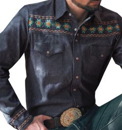 Modestone Men's Embroidered Long Sleeved Fitted Western Shirt Native Pattern Blue