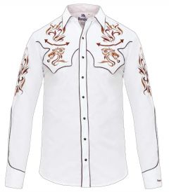 Modestone Men's Long Sleeved Shirt Dragon Western Filigree Embroidered White