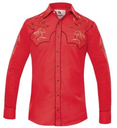 Modestone Men's Long Sleeved Shirt Dragon Western Filigree Embroidered Red