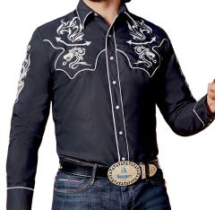 Modestone Men's Fitted Western Shirt Dragon Western Filigree Embroidered Black
