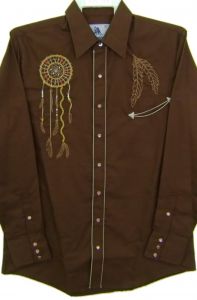 Modestone Men's Long Sleeved Shirt Dream Catcher Feathers Embroidered Brown