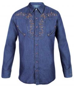 Modestone Men's Embroidered Fitted Western Shirt Filigree Blue Denim