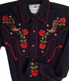 Modestone Men`s Embroidered Long Sleeve Shirt Rose Boots Rhinestones Black