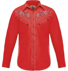 Modestone Men's Embroidered Long Sleeved Fitted Western Shirt Filigree Red
