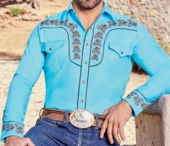 Modestone Men's Embroidered Long Sleeved Fitted Western Shirt Filigree Blue