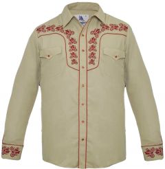 Modestone Men's Embroidered Long Sleeved Fitted Western Shirt Filigree Beige