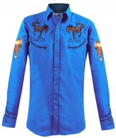 Modestone Men's Long Sleeved Fitted Western Shirt Horses Saddles Embroidered