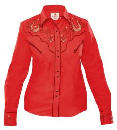 Modestone Women's Embroidered Long Sleeved Fitted Western Shirt Horseshoes Hearts Red
