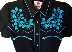 Modestone Women's Floral Embroidered Short Sleeve Western Shirt Black Turquoise