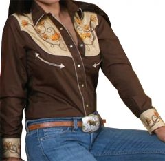Modestone Women's Embroidered Long Sleeved Shirt Floral Rhinestones Brown