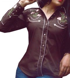 Modestone Women's Embroidered Long Sleeved Shirt Filigree Rhinestones Brown