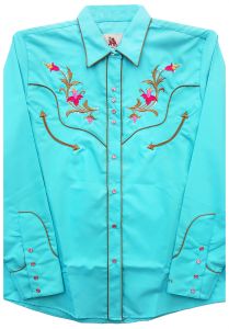 Modestone Women's Embroidered Long Sleeved Fitted Western Shirt Floral Horseshoe Blue