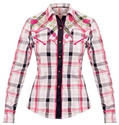Modestone Women's Checked Embroidered Long Sleeved Fitted Western Shirt Floral Fushia