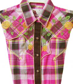 Modestone Women's Checked Embroidered Long Sleeved Fitted Western Shirt Floral Fushia