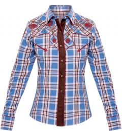 Modestone Women's Checked Embroidered Fitted Western Shirt Floral Blue