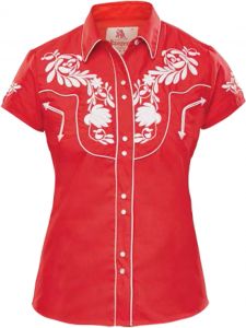Modestone Women's Embroidered Short Sleeved Fitted Western Shirt Floral Red