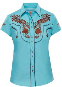 Modestone Women's Embroidered Short Sleeved Fitted Western Shirt Floral Blue