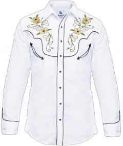 Modestone Men's Embroidered Long Sleeved Fitted Western Shirt Floral White