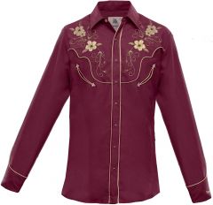 Modestone Men's Embroidered Long Sleeved Fitted Western Shirt Floral Burgundy