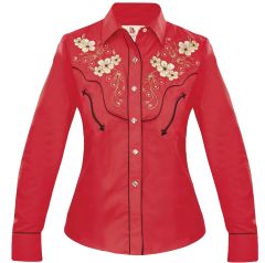 Modestone Women's Embroidered Fitted Western Shirt Floral Horse Red
