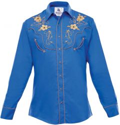 Modestone Men's Embroidered Long Sleeved Fitted Western Shirt Floral Blue