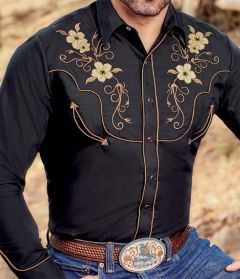 Modestone Men's Embroidered Long Sleeved Fitted Western Shirt Floral Black
