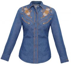 Modestone Women's Embroidered Long Sleeved Fitted Western Shirt Floral Denim Blue