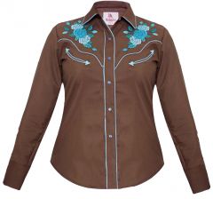 Modestone Women's Embroidered Long Sleeved Fitted Western Shirt Floral Brown