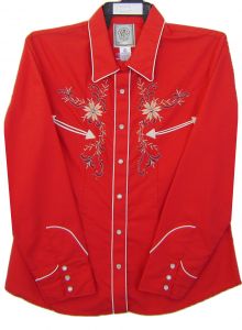 Modestone Women's Embroidered Long Sleeved Western Shirt Floral Rhinestones Red