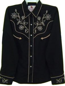Modestone Women's Floral Embroidered Long Sleeved Fitted Western Shirt Black