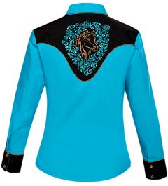 Modestone Women's Horse Embroidered Long Sleeved Fitted Western Shirt Blue