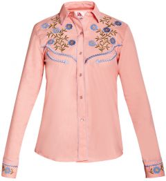 Modestone Women's Floral Embroidered Long Sleeved Fitted Western Shirt Pink