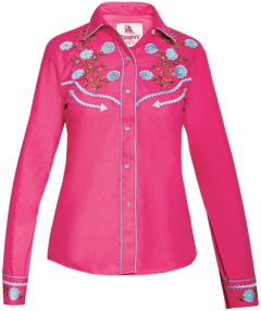Modestone Women's Floral Embroidered Long Sleeved Fitted Western Shirt Fushia