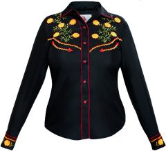 Modestone Women's Floral Embroidered Long Sleeved Fitted Western Shirt Black