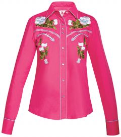 Modestone Women's Floral Embroidered Long Sleeved Fitted Western Shirt Fushia