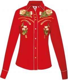 Modestone Women's Floral Embroidered Long Sleeved Fitted Western Shirt Red