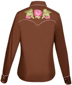 Modestone Women's Floral Embroidered Long Sleeved Fitted Western Shirt Brown